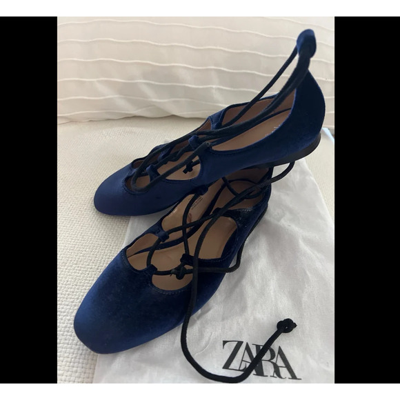 💙 ZARA Velvet Ballet Flats NWT | Ankle Wrap Tie Closure Navy Blue 7.5–9 - Picture 5 of 16